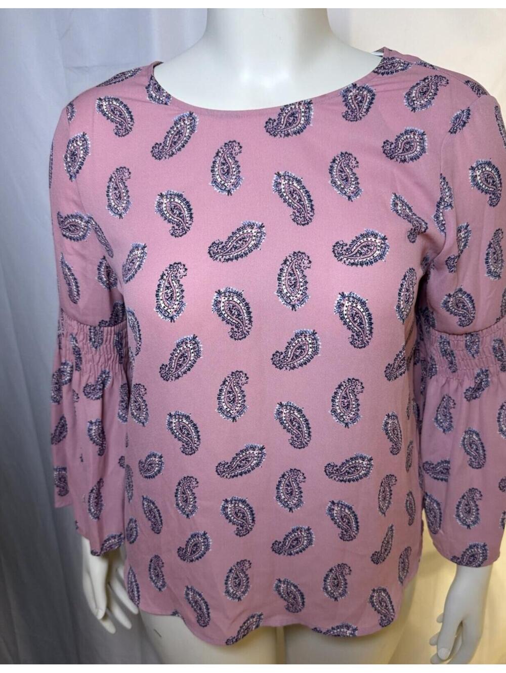 New York & Company Womens Medium Pink Paisley Bell Sleeve Blouse Top NWT